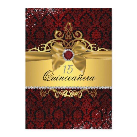 Elegant Gold Ruby Red Damask Quinceanera Invite