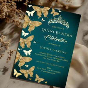 Elegant Gold Teal Butterfly Quinceanera Foil