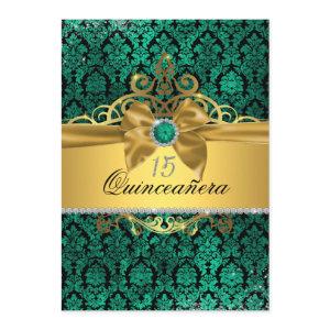 Elegant Gold Teal Damask Quinceanera Invite