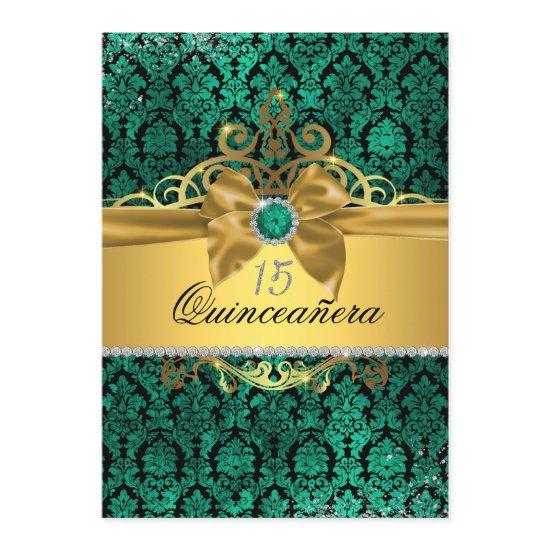 Elegant Gold Teal Damask Quinceanera Invite