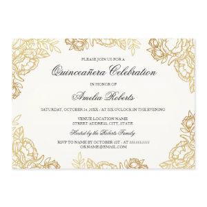 Elegant Gold Vintage Floral Quinceanera Invite