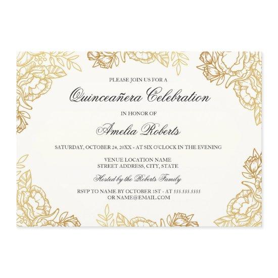 Elegant Gold Vintage Floral Quinceanera Invite