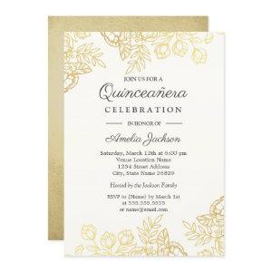 Elegant Gold Vintage Floral Quinceanera Invite