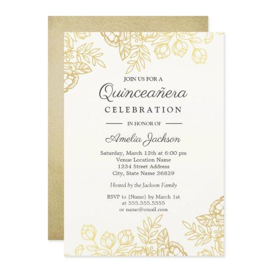 Elegant Gold Vintage Floral Quinceanera Invite