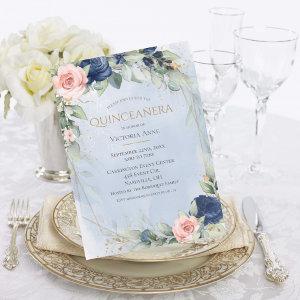Elegant Gold Watercolor Blue Pink Quinceañera