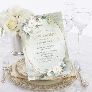 Elegant Gold Watercolor Green Quinceañera