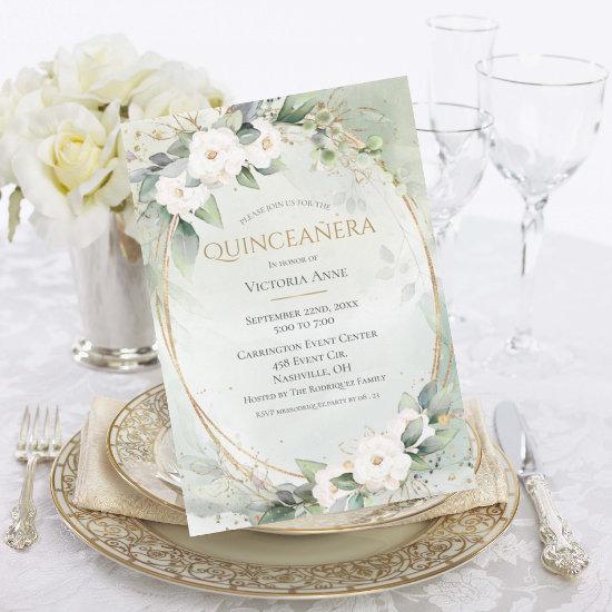 Elegant Gold Watercolor Green Quinceañera