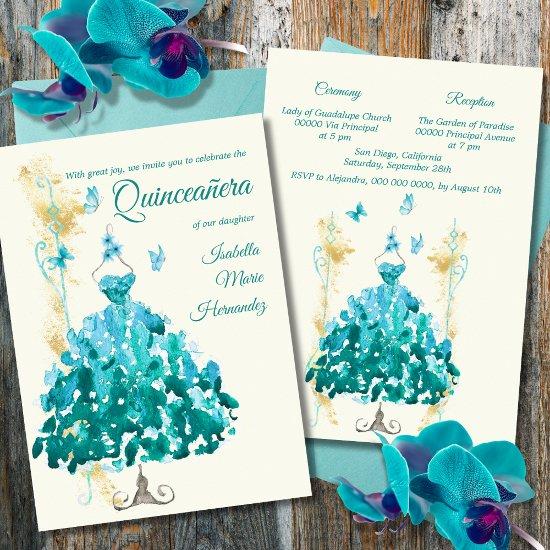 Elegant Golden & Turquoise Butterflies Quinceañera