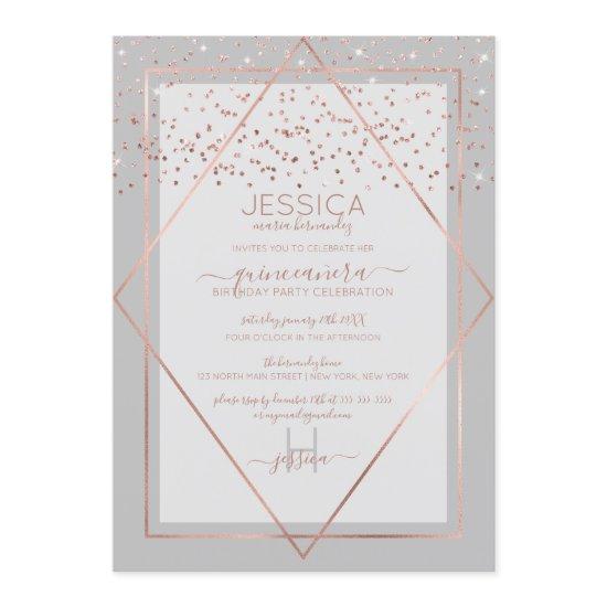 Elegant Gray Rose Gold Confetti Border Quinceañera