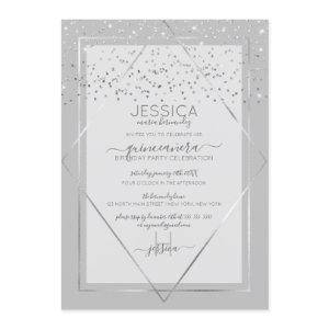 Elegant Gray Silver Confetti Border Quinceañera