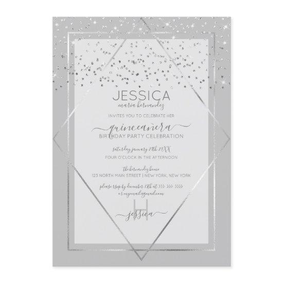 Elegant Gray Silver Confetti Border Quinceañera