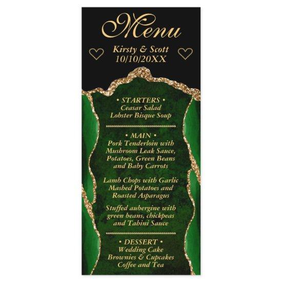Elegant Green and Gold Faux Glitter Agate Wedding Menu