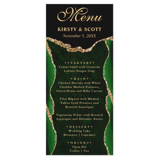Elegant Green and Gold Faux Glitter Agate Wedding Menu