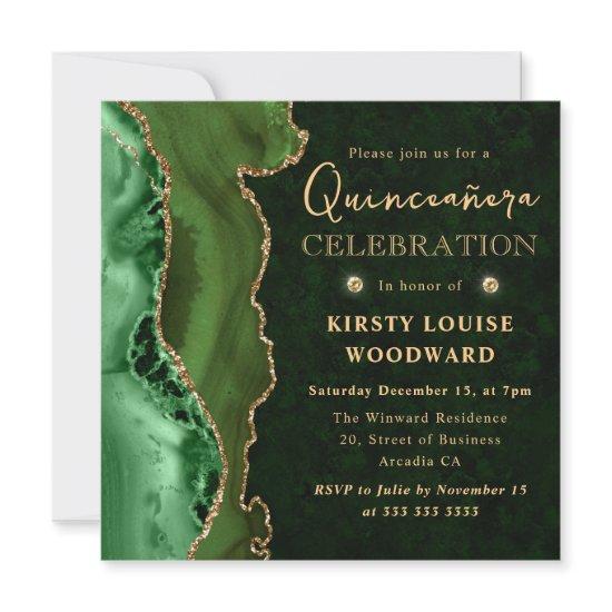 Elegant Green and Gold Glitter Agate Quinceanera