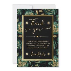 Elegant Green and Gold Rose Floral Quinceanera Thank You Card