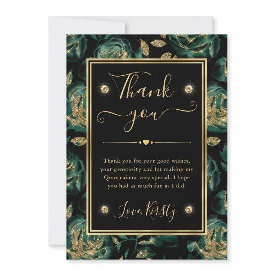 Elegant Green and Gold Rose Floral Quinceanera Thank You Card