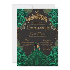 Elegant Green Black Quinceañera Roses Gold Glitter