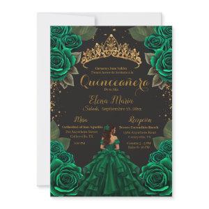 Elegant Green Black Quinceañera Roses Gold Glitter