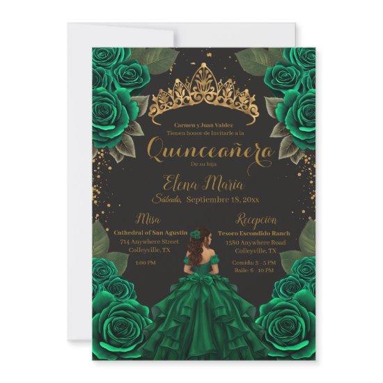 Elegant Green Black Quinceañera Roses Gold Glitter