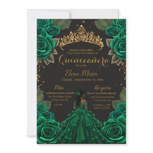 Elegant Green Black Quinceañera Roses Gold Glitter
