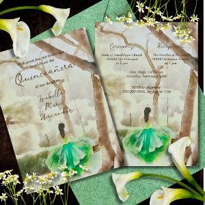 Elegant Green Dress Watercolor Garden Quinceañera