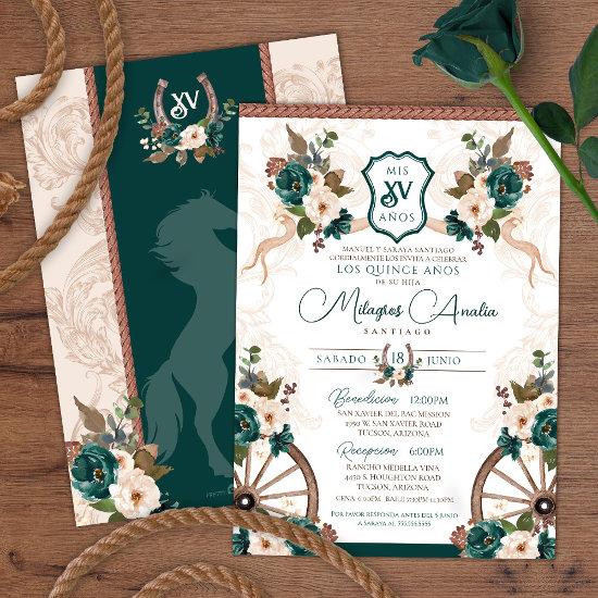 Elegant Green Floral Charro Western Quinceanera