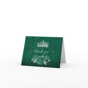 Elegant Green Rose Silver Crown Watercolor Folded Thank You Card