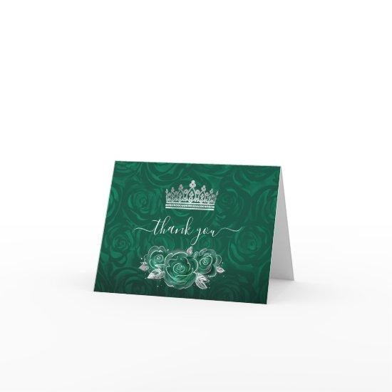 Elegant Green Rose Silver Crown Watercolor Folded Thank You Card