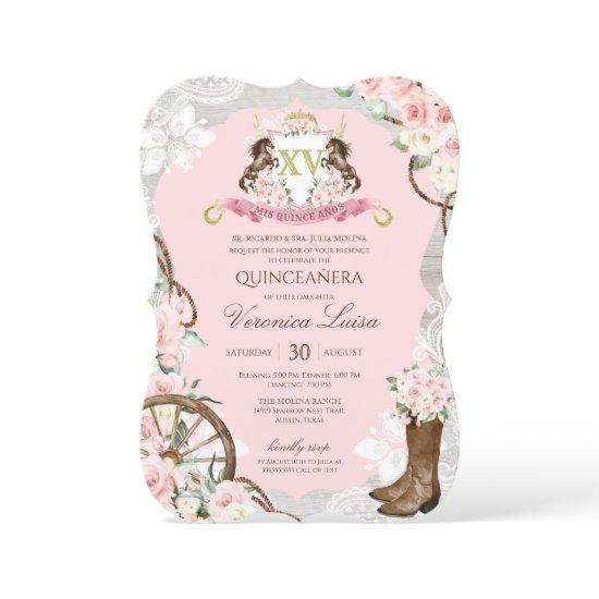 Elegant Horse Crest Rustic Pink Charro Quinceanera