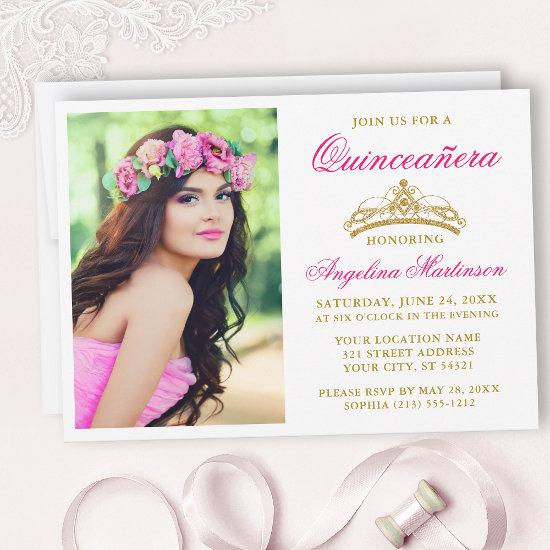 Elegant Hot Pink Gold Crown Photo Quinceanera