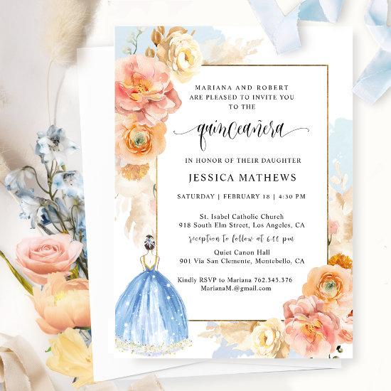 Elegant Light Blue Floral Princess Quinceañera