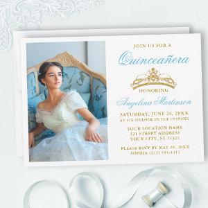 Elegant Light Blue Gold Crown Photo Quinceanera