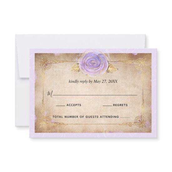 Elegant Light Purple and Gold Rose Parchment RSVP Card