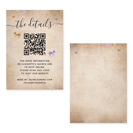 Elegant Light Purple Gold Butterfly RSVP QR Code Enclosure Card