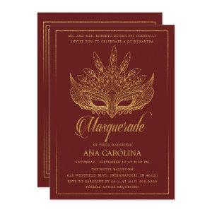 Elegant Maroon Gold Glitter Masquerade Quinceañera
