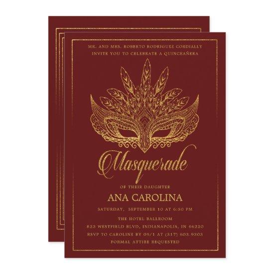 Elegant Maroon Gold Glitter Masquerade Quinceañera
