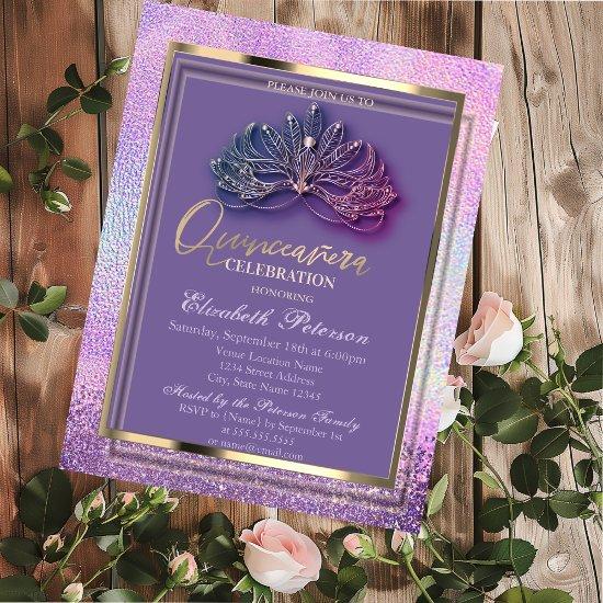 Elegant Masque Diamonds Holographic Quinceañera