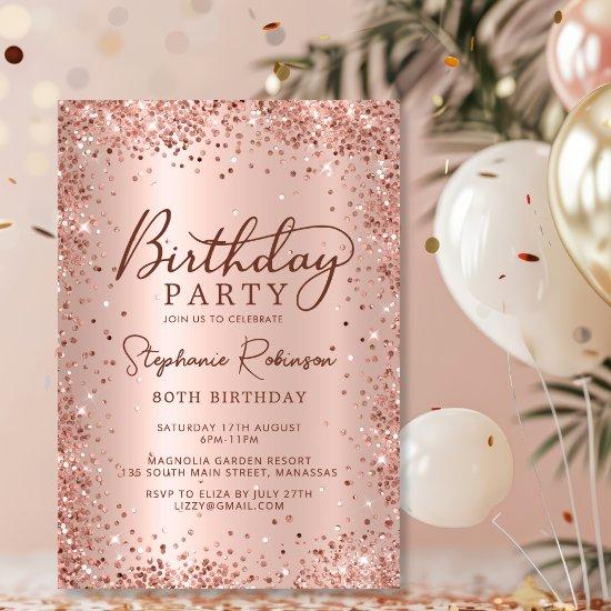 Elegant Metal Rose Gold Glitter 80th Birthday