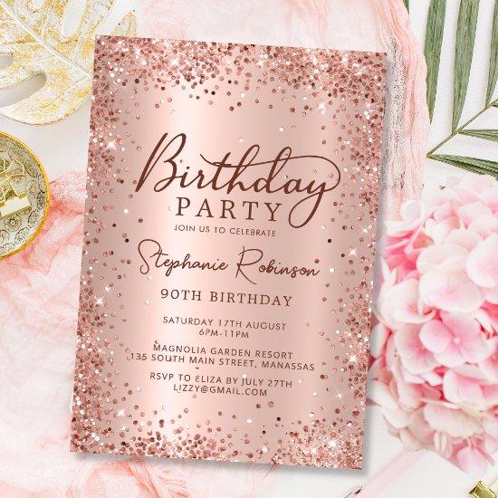 Elegant Metal Rose Gold Glitter 90th Birthday