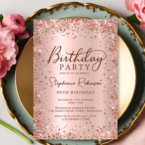 Elegant Metal Rose Gold Glitter 90th Birthday