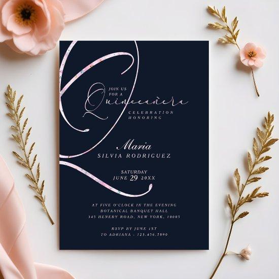 Elegant Minimal Navy & Pink Script Quinceañera