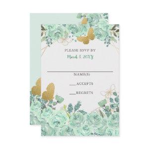 Elegant Mint Gold Butterflies Floral  RSVP Card