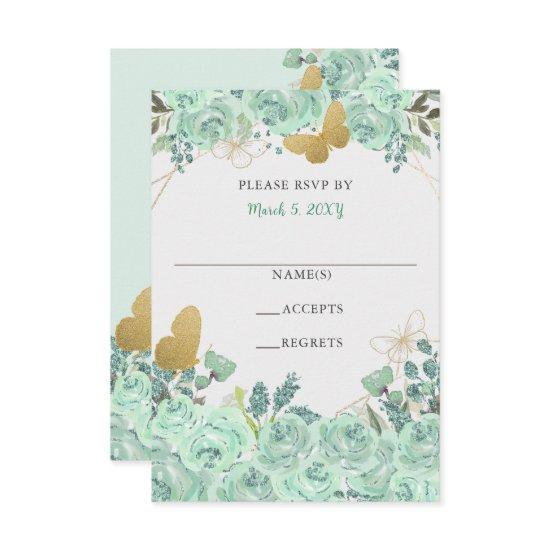 Elegant Mint Gold Butterflies Floral  RSVP Card