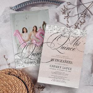 Elegant Mis Quince Silver & Pink Rose Quinceanera
