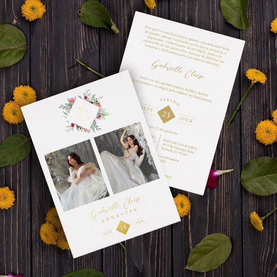 Elegant Modern Diamond Shape Mis XV años Floral  Foil