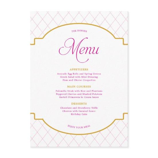 Elegant Modern Pink Gold Diamond Pattern Party Menu