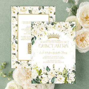Elegant Modern QR White Gold Floral Quinceañera