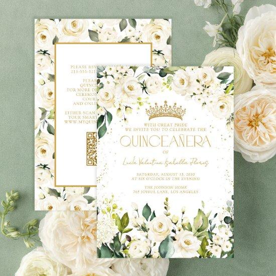 Elegant Modern QR White Gold Floral Quinceañera