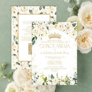 Elegant Modern White Gold Floral QR Quinceañera