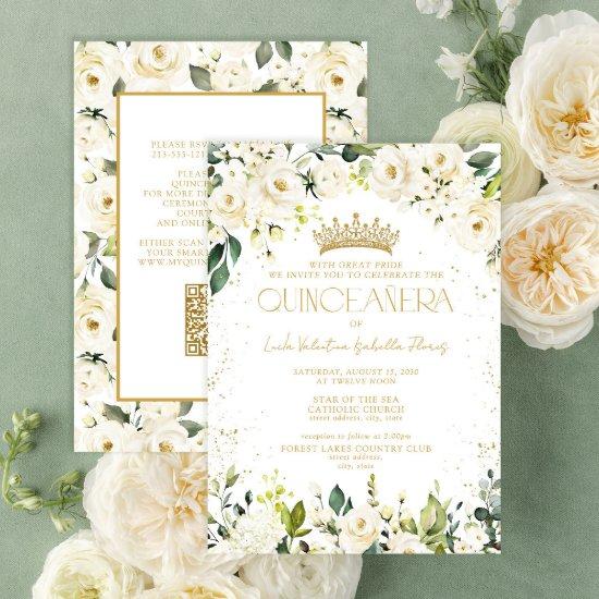 Elegant Modern White Gold Floral QR Quinceañera